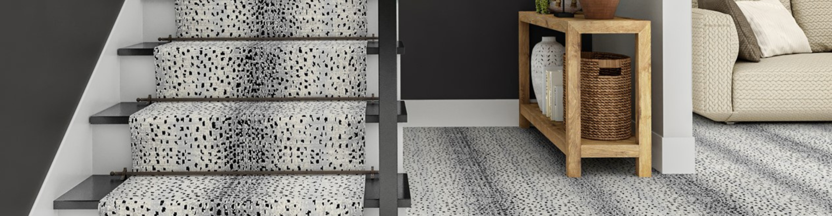 black and white animal printed stair runner with matching carpet