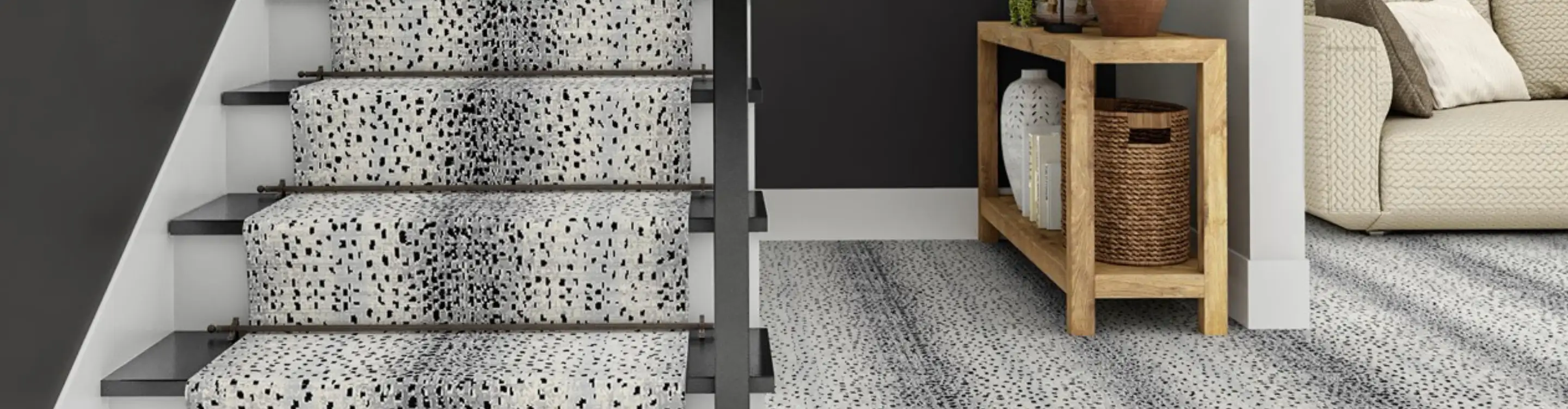 black and white animal printed stair runner with matching carpet
